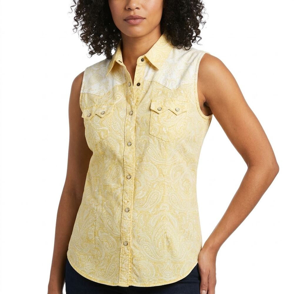 Legacy Falls Yellow Paisley Western Stretch Button-Up Shirt Women Size L